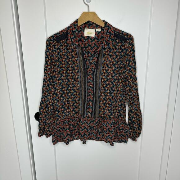 Anthropologie Maeve Jamie Flounced Floral Print Peasant Blouse Top Size 2 - Picture 2 of 6